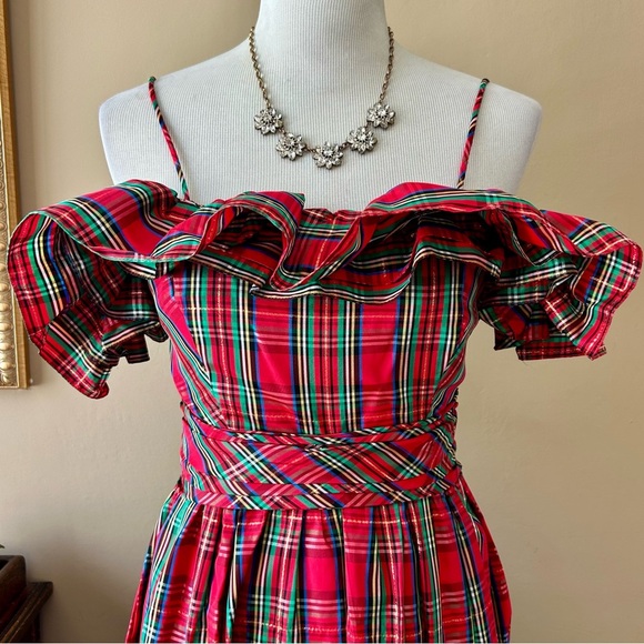 Vintage 1970s Red Royal Stewart Tartan Plaid Ruffle Off Shoulder Maxi Dress XS - Picture 4 of 16